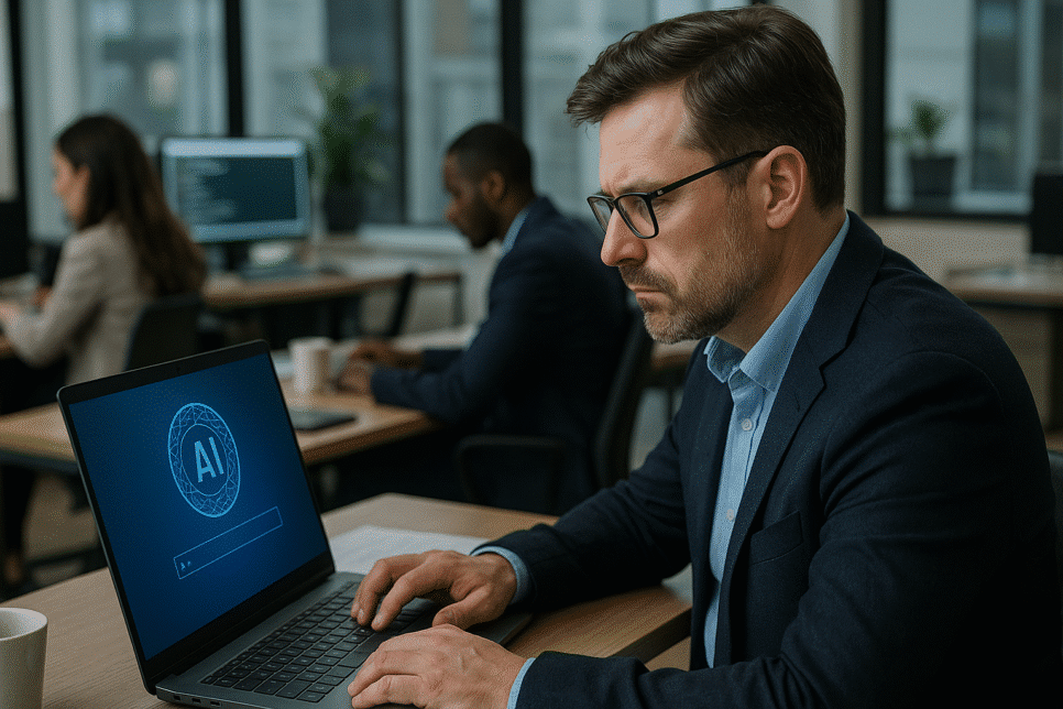 Shadow AI: Homem de terno usando laptop com interface de IA em um escritório moderno, com colegas trabalhando ao fundo.