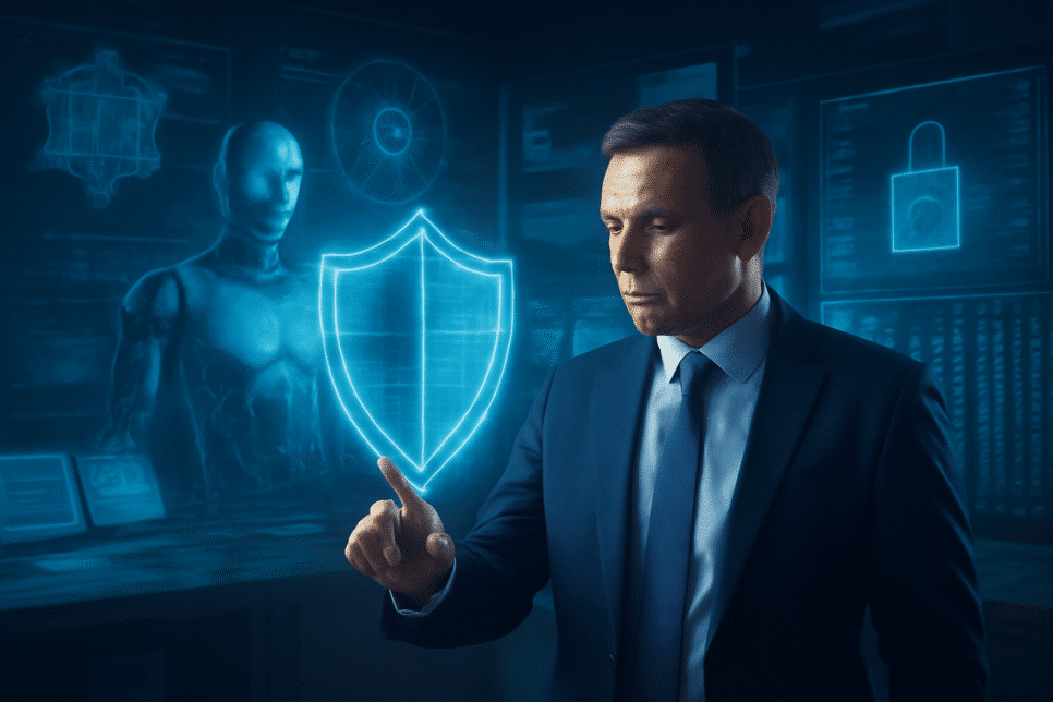 imagem futurista representando a transformação dos papéis executivos na era da IA-Quântica, com destaque para segurança digital, computação quântica e governança tecnológica. A cena inclui elementos de IA, criptografia e inovação digital.