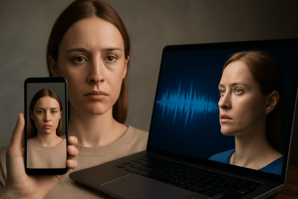 Mulher com smartphone mostrando sua foto digital enquanto um laptop exibe um modelo 3D do seu rosto com uma análise de onda de áudio gerada por IA.