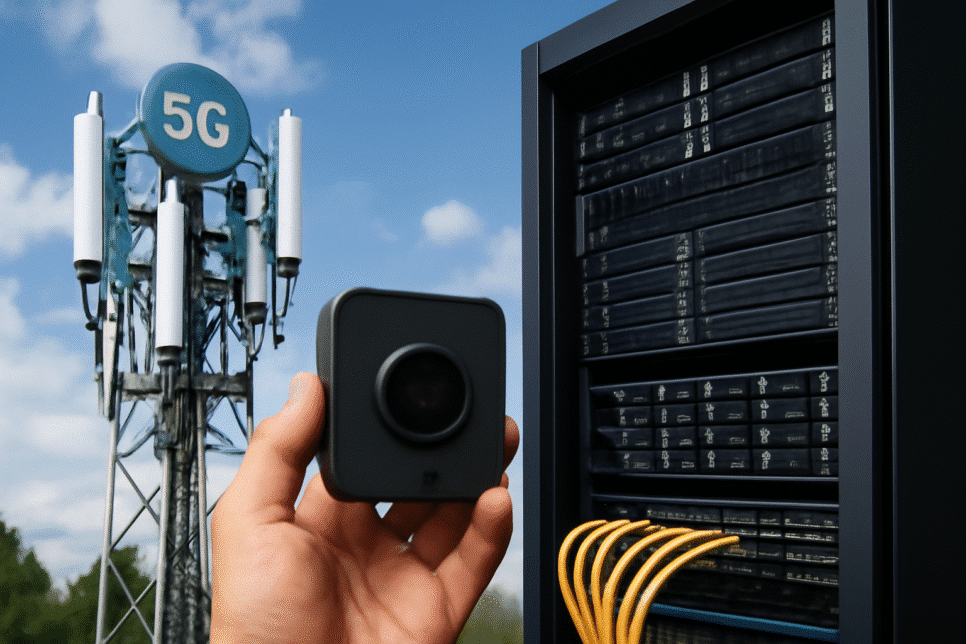 Foto de uma torre 5G, um dispositivo IoT sendo segurado por uma mão e servidores de borda em um ambiente ao ar livre, ilustrando a tecnologia 5G e computação de borda.