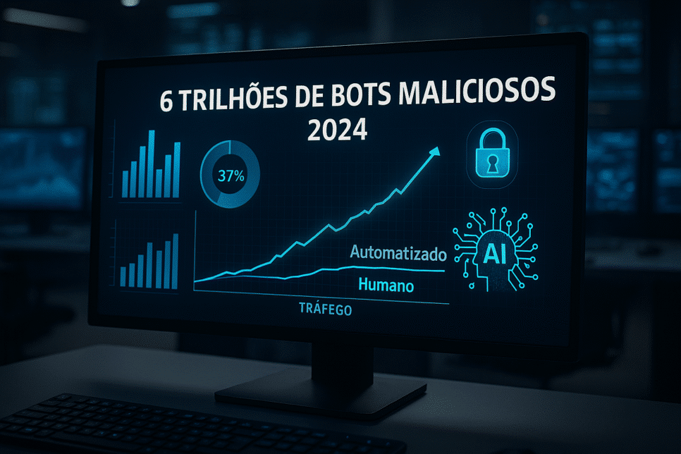 Representação visual realista do crescimento dos bots maliciosos em 2024, com destaque para 6 trilhões de solicitações automatizadas, gráficos de tráfego digital e símbolos de IA e segurança cibernética em ambiente tecnológico moderno.