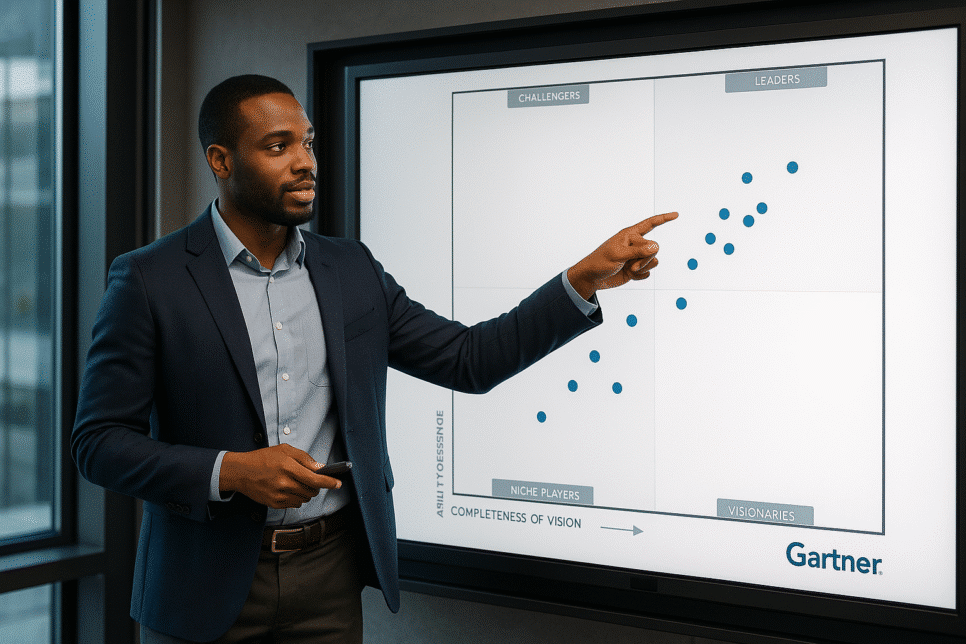Sensedia: Executivo em sala de conferência aponta para um gráfico do Quadrante Mágico do Gartner exibido em tela, durante apresentação estratégica de tecnologia.