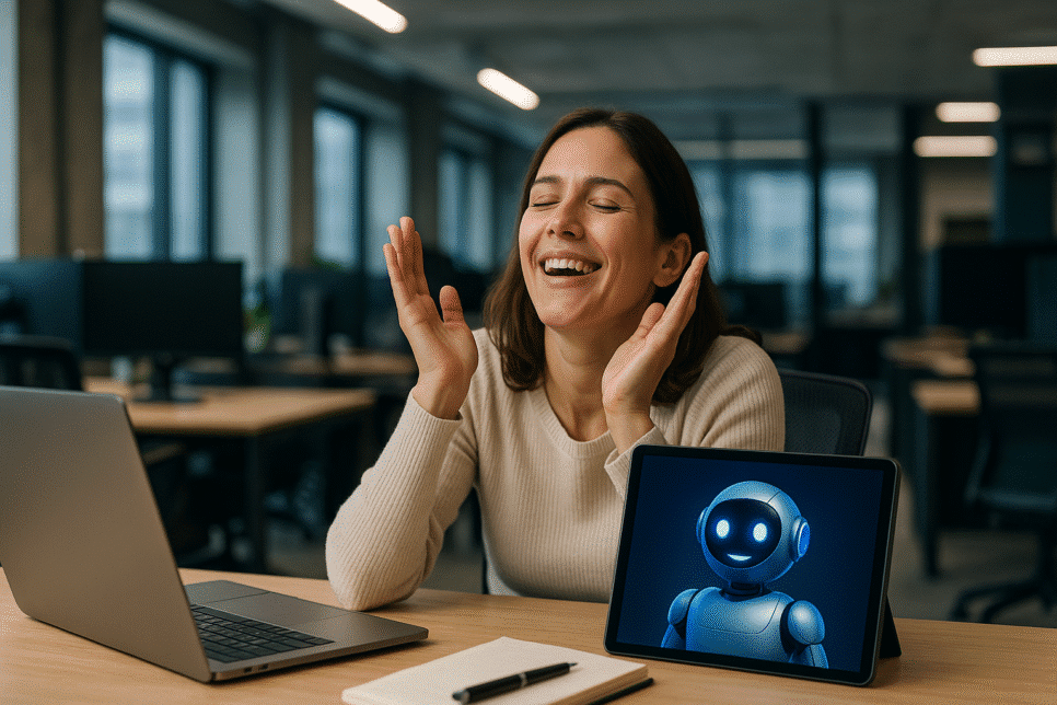 Profissional trabalhando de forma leve com apoio da inteligência artificial.