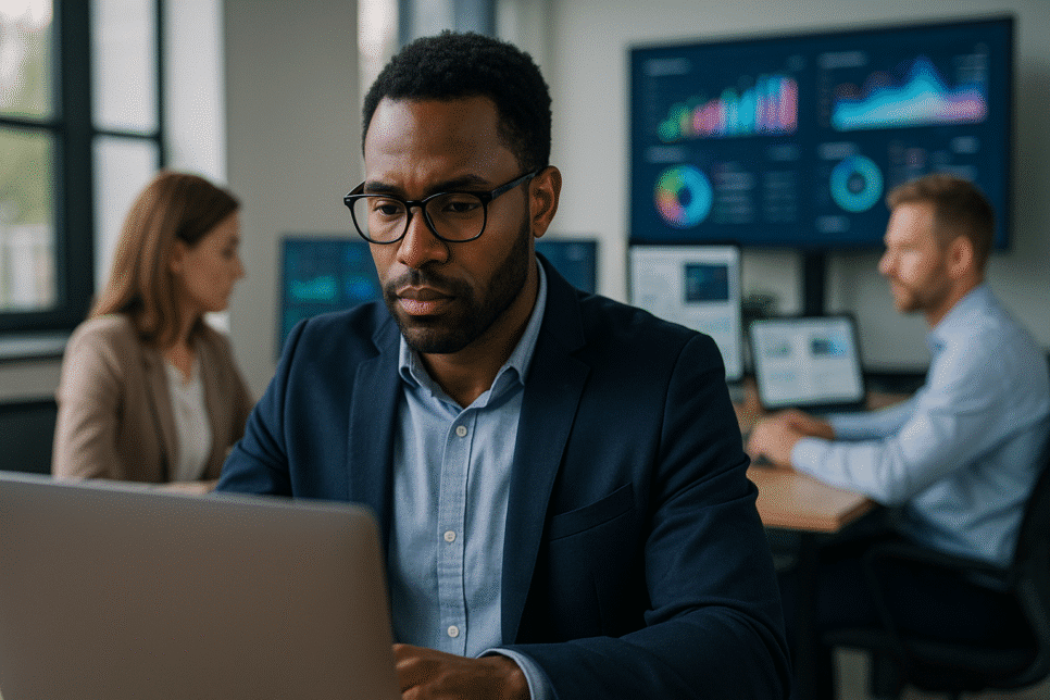 profissional analisando dados corporativos com IA no escritório. Hype