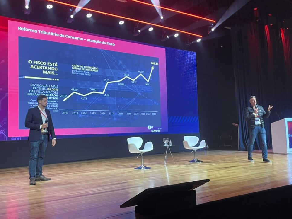 Painel da EY Brasil no IT Summit 2025 discutindo impactos da Reforma Tributária nas estratégias de TI.
