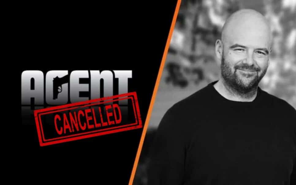 Logo de Agent com selo de cancelado ao lado de foto de Dan Houser