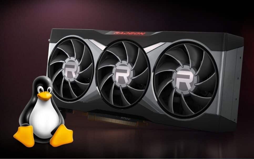 Placa Radeon RX 6000 ao lado de pinguim do Linux