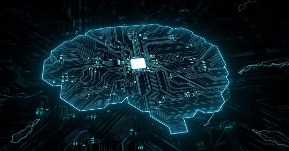 Ilustração de um computador cérebro artificial feito de circuitos e linhas luminosas, representando a inteligência artificial e a tecnologia avançada( ia, inteligência artificial, ai, cerebro, deeptech, deeptechs)