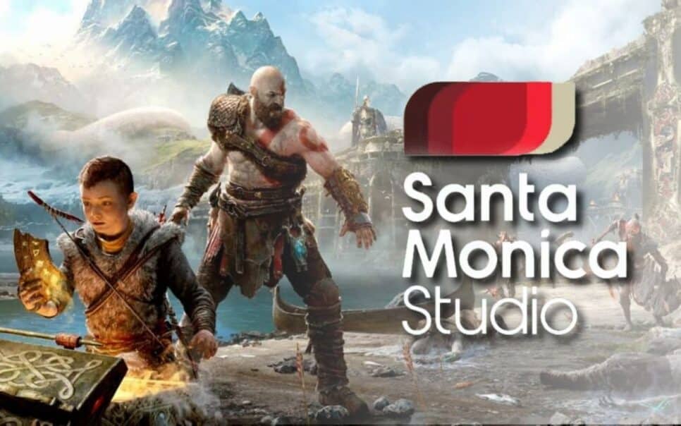 Imagem de God of War editada com a logo do estúdio Santa Monica