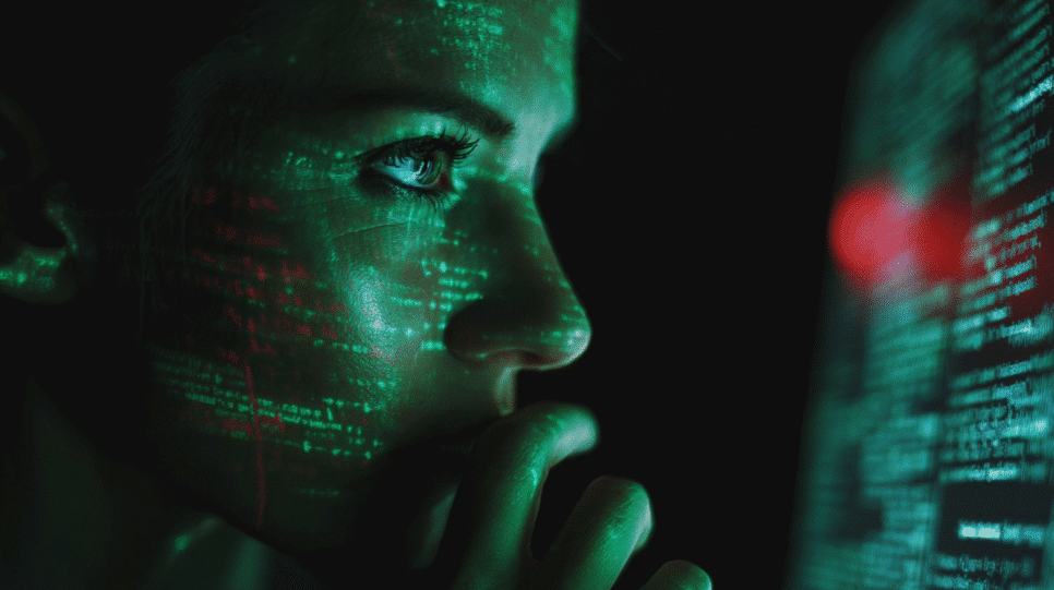 Pessoa diante de um computador interagindo com alerta falso associado ao ClickFix, com códigos verdes projetados ao redor.