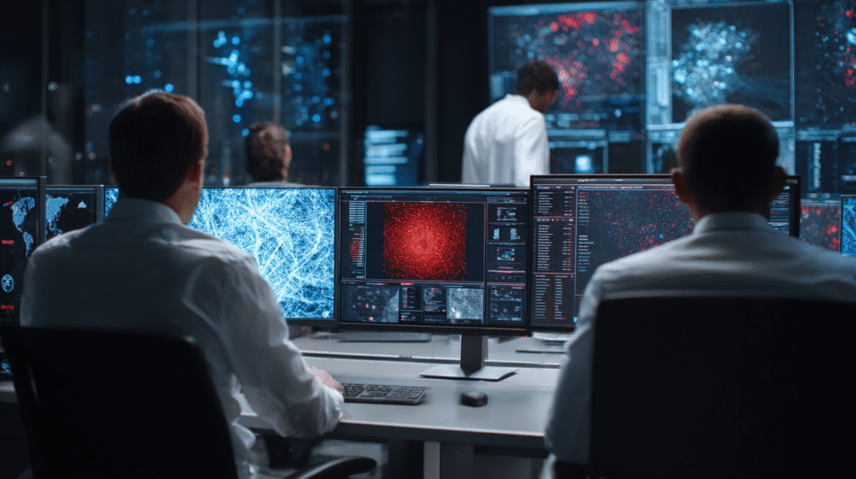 Centro de monitoramento cibernético com analistas observando padrões de ataque em tempo real, representando threat intelligence em operação.