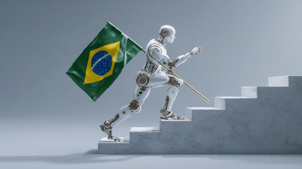 Brasil: Robô de IA subindo escada com a bandeira do Brasil