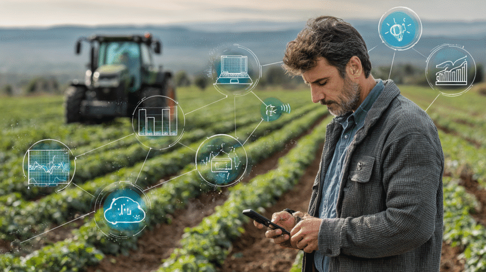 Profissional do agronegócio usando smartphone no campo com ícones digitais de voz, agenda, localização e desempenho, simbolizando agentes de voz e automação comercial no Agro.