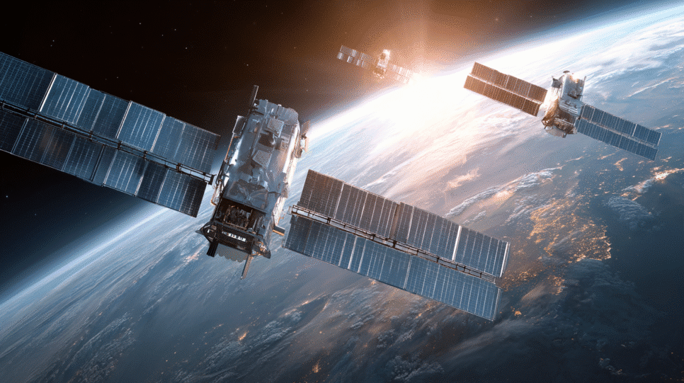 Imagem realista de satélites orbitais conectados por painéis solares, representando data centers no espaço, com a Terra ao fundo e iluminação solar refletindo sobre a estrutura tecnológica.
