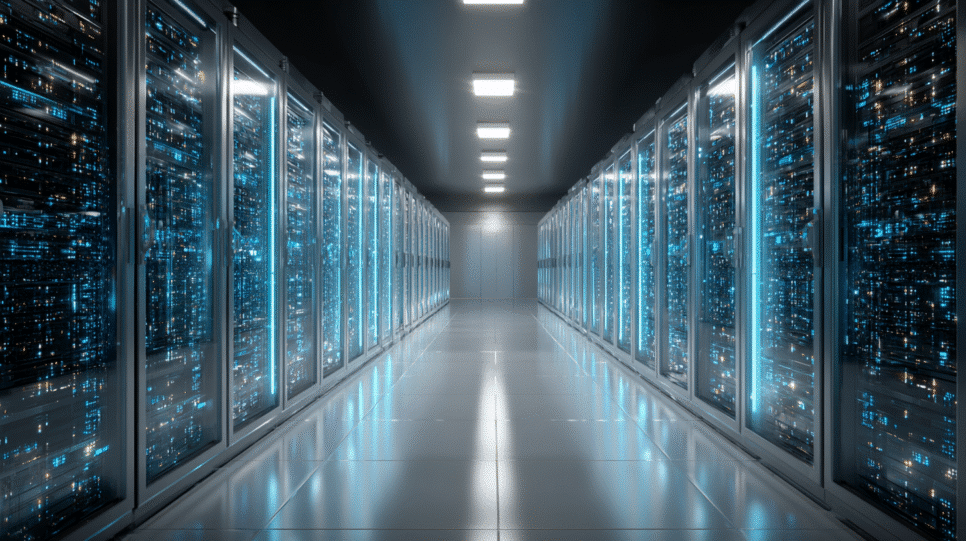 Imagem realista de um grande data center moderno com servidores de alta performance e iluminação azul, simbolizando o crescimento da IaaS otimizada para Inteligência Artificial e a expansão da infraestrutura global de IA.