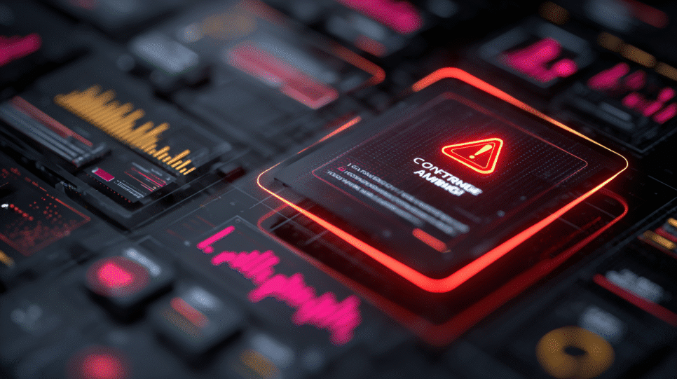 Interface de segurança digital exibindo alertas e fluxos de dados, simbolizando riscos ocultos no uso de assistentes de IA.