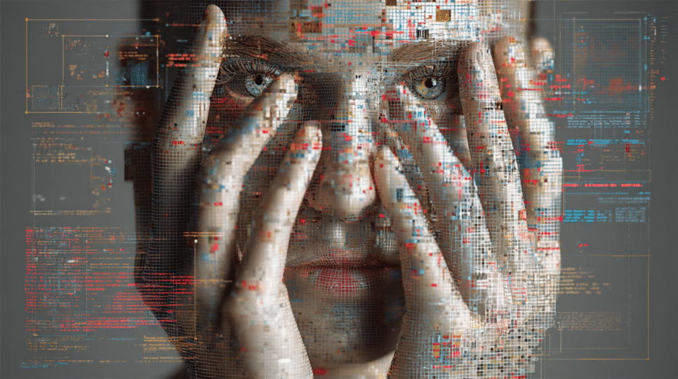 Interface digital com alertas e distorções representando riscos de desinformação gerados pela IA generativa.