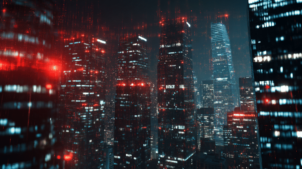 Paisagem urbana noturna com elementos digitais simbolizando ataques cibernéticos no Brasil contra o sistema financeiro.