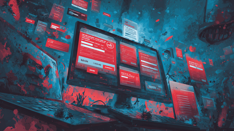 Ilustração representando o aumento do cibercrime na Black Friday com domínios suspeitos e golpes digitais manipulando telas de computador.