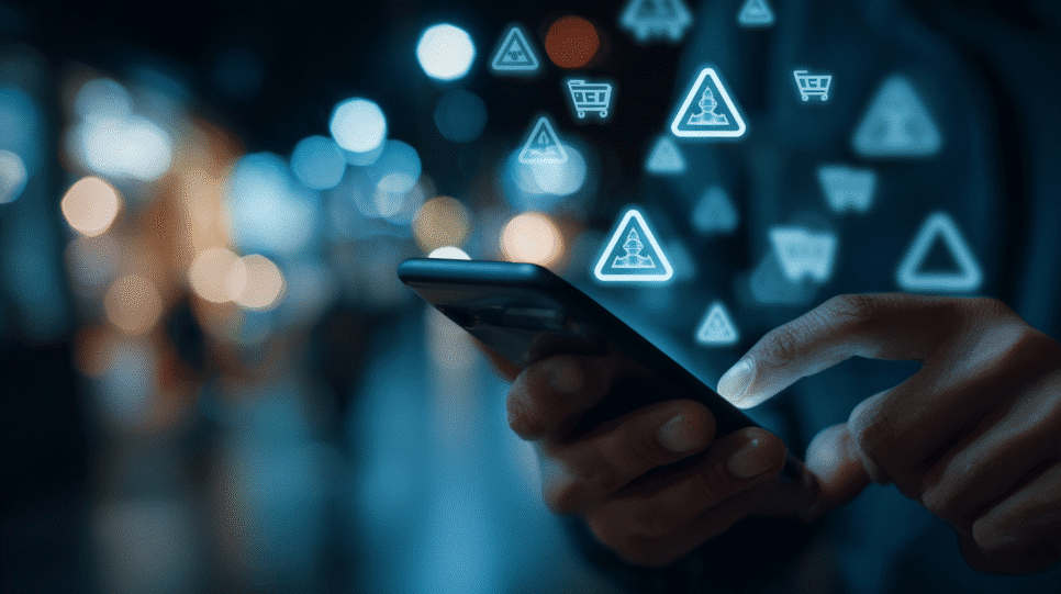 Consumidor usando smartphone cercado por alertas digitais representando fraudes na Black Friday 2025.