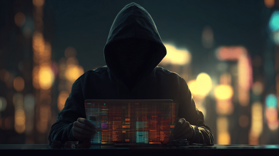 Representação digital de mercado clandestino com fluxos de dados simulando operações de carding.