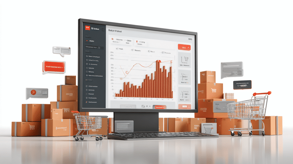 Gráficos de dados em tempo real em uma tela de computador, com sacolas de compras e caixas ao redor, simbolizando o impacto da Black Friday no varejo digital