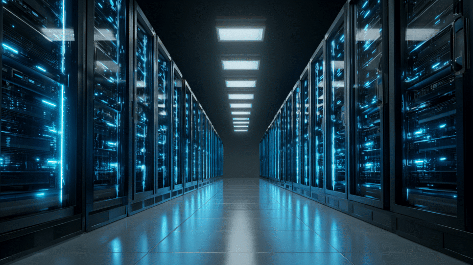 Imagem realista de um grande data center moderno com servidores iluminados em azul, representando os novos investimentos da Meta em infraestrutura para IA e expansão tecnológica global.