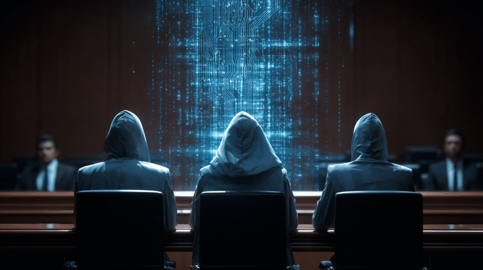 Representação realista de equipe jurídica e especialistas em cibersegurança analisando evidências digitais em um tribunal tecnológico, simbolizando a ação judicial do Google contra hackers Lighthouse.
