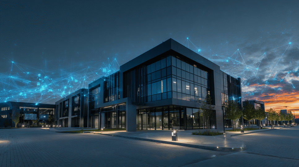 Estrutura moderna de tecnologia representando data centers regionais com elementos visuais de IA e 5G em um ambiente corporativo.