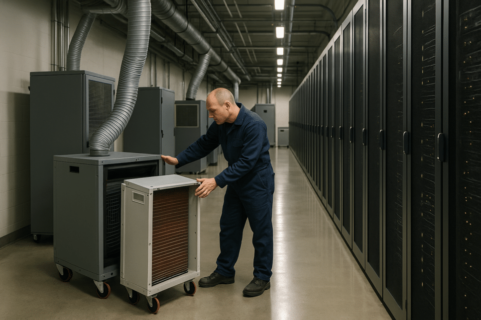 Técnico inspecionando equipamento de refrigeração em corredor de servidores após falha de resfriamento em data center.