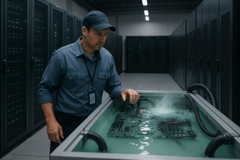Técnico observando sistema de resfriamento por imersão dentro de data centers de IA, com placa submersa em líquido químico.