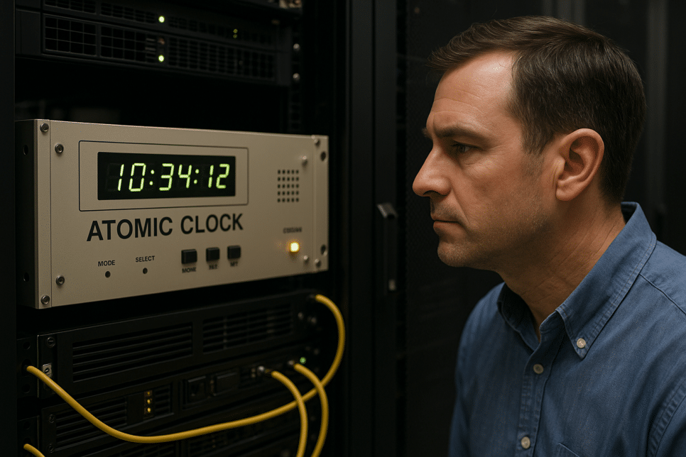 Técnico examinando relógio atômico instalado em rack de servidores dentro de um data center, reforçando a infraestrutura digital do Ceará.