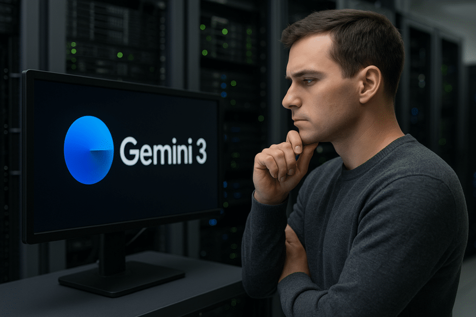 Profissional analisando tela com o logotipo do Gemini 3 dentro de um data center, representando o novo perímetro corporativo criado pela inteligência artificial.