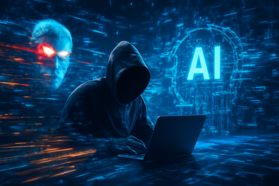 Cibersegurança e IA ofensiva em um cenário digital futurista.