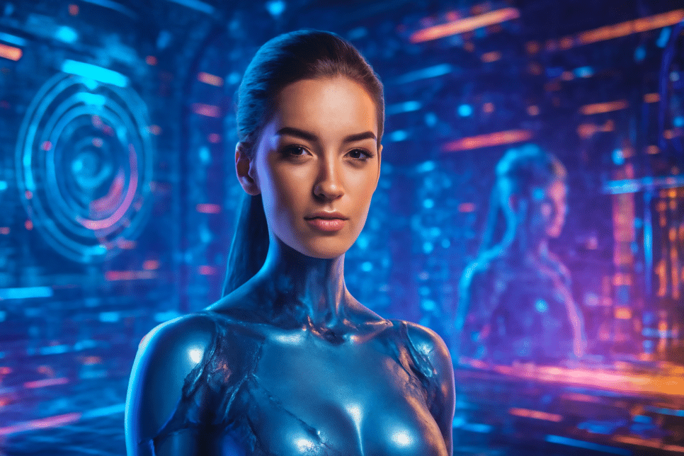 Retrato futurista de um clone digital com luzes neon e elementos tecnológicos. Clones digitais