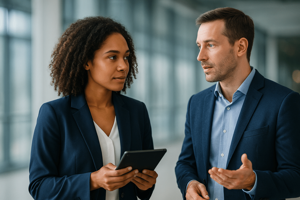 Executivos discutem parceria tecnológica em ambiente corporativo. Tecnologia