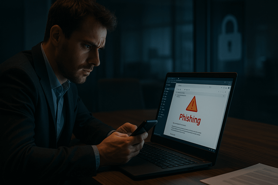 Usuário analisa e-mail suspeito Phishing em laptop corporativo.