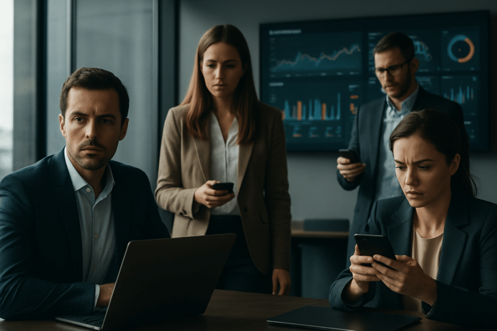 Executivos analisam dados sob pressão em ambiente corporativo moderno. Inovação