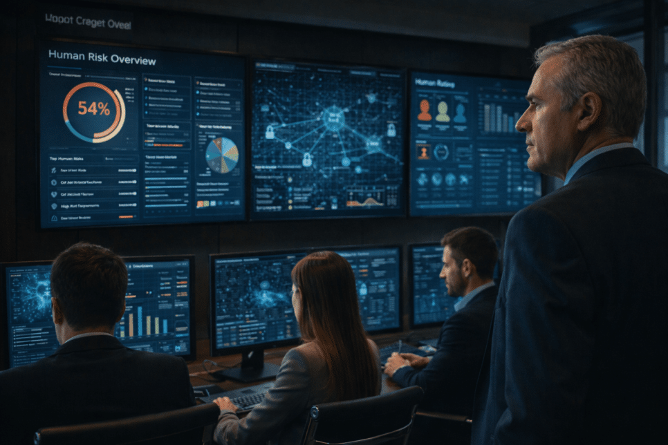 Executivo de segurança cibernética analisa métricas de risco humano em sala moderna. Cibersegurança