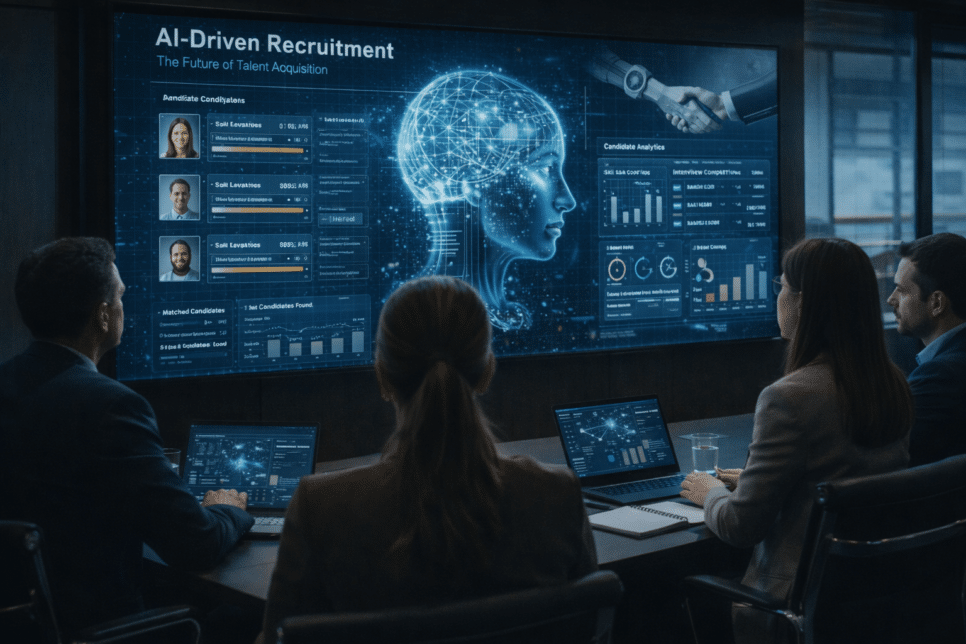 Profissionais de RH utilizam IA em reunião para otimizar recrutamento.