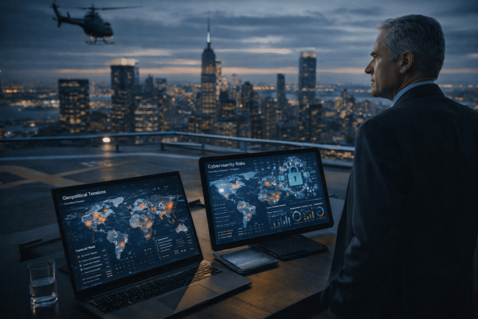 Profissional de TI analisa dados de geopolítica e riscos cibernéticos em rooftop, com cidade ao fundo.