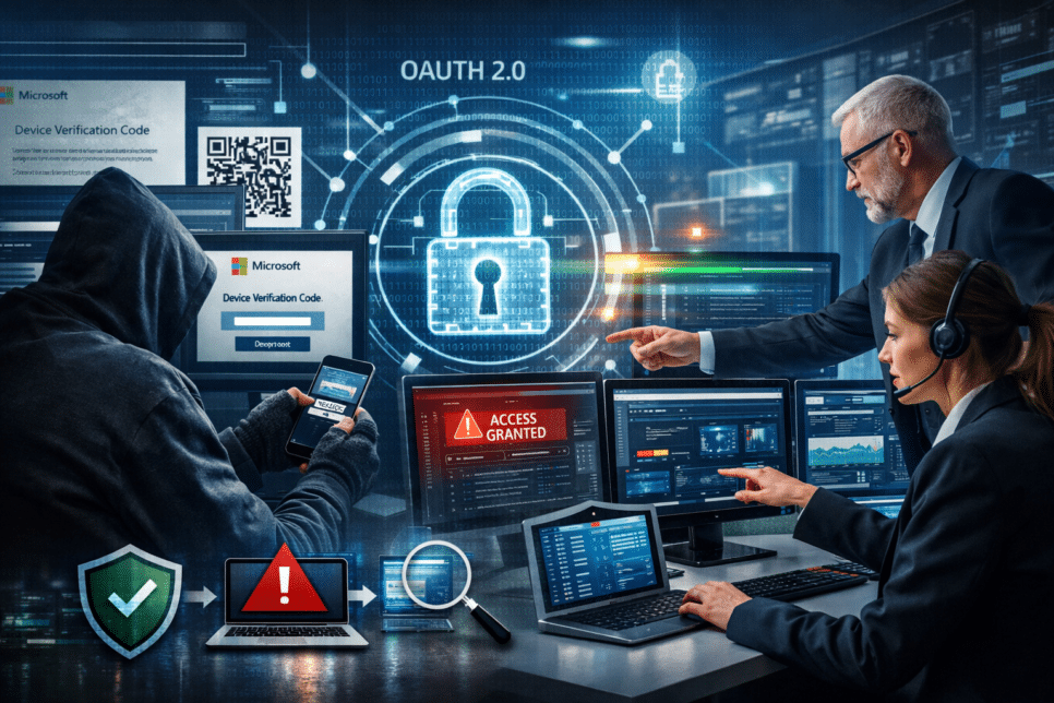 Phishing: Hacker tentando invadir um sistema corporativo utilizando um código de verificação de dispositivo, enquanto especialistas em segurança monitoram os ataques de phishing em tempo real.