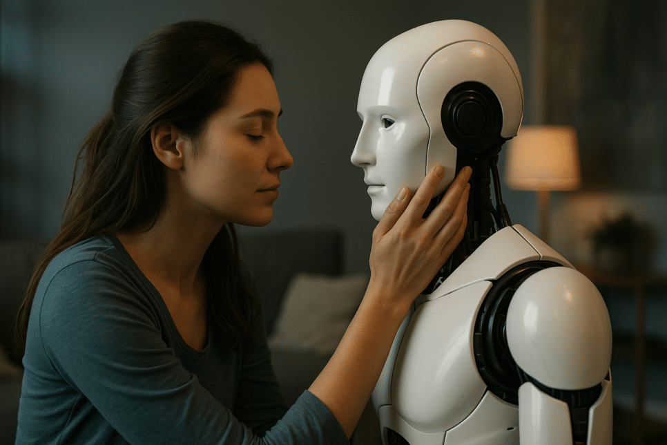 Humano: Mulher tocando o rosto de um robô humanoide em um momento de conexão emocional.