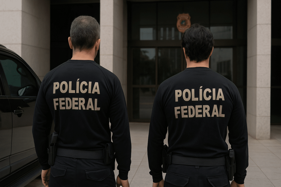 PF: Dois agentes da Polícia Federal, de costas, em frente a um prédio institucional durante operação que apura ataques cibernéticos a parlamentares.