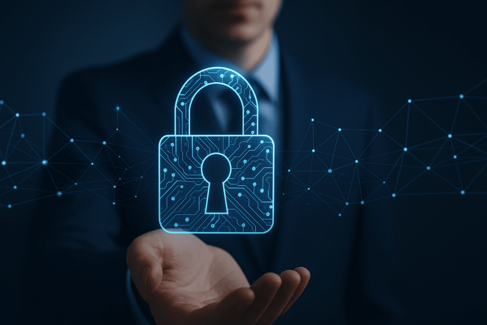 Imobiliário: Homem em traje profissional segurando um cadeado digital azul brilhante com circuitos, simbolizando a cibersegurança e a inteligência artificial.