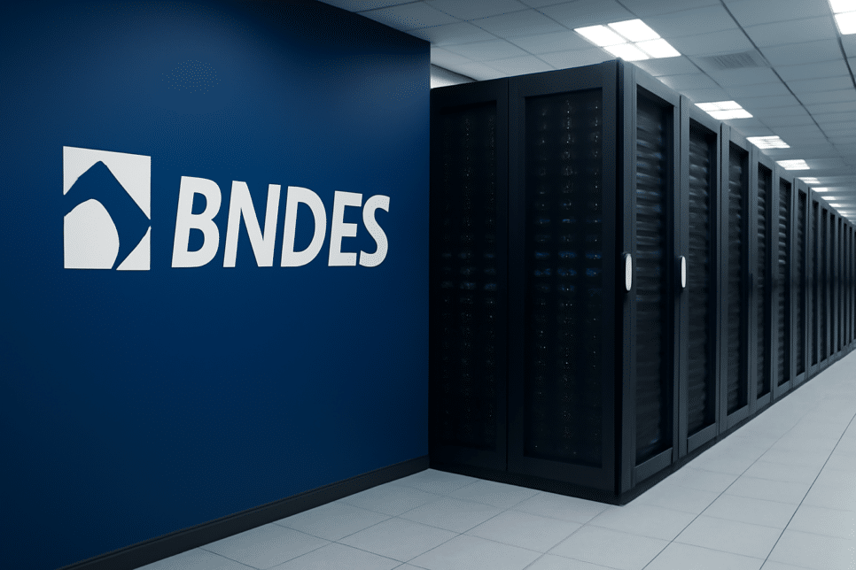 Data center moderno com servidores pretos e logo do BNDES em parede azul.
