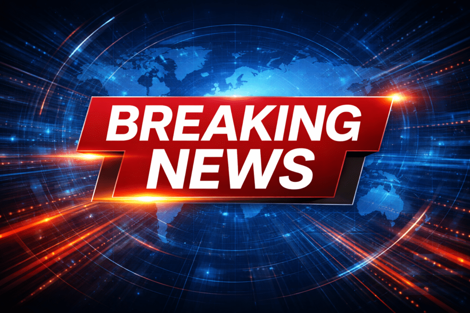 Alerta Breaking News em fundo digital azul com mapa mundial. Cibersegurança.