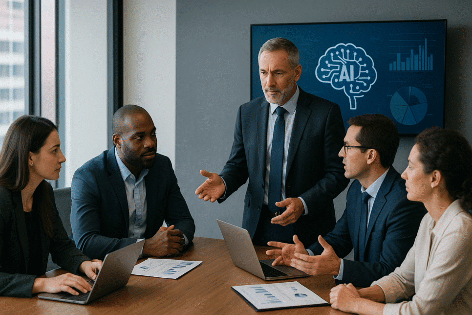Ai Alliance: Executivos em uma sala de reunião analisando dados e discutindo estratégias de inteligência artificial.