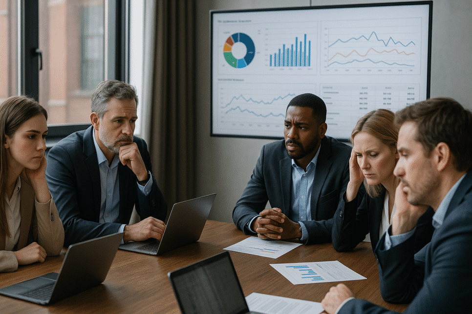 ERP: Gestores analisando dashboards complexos em reunião.