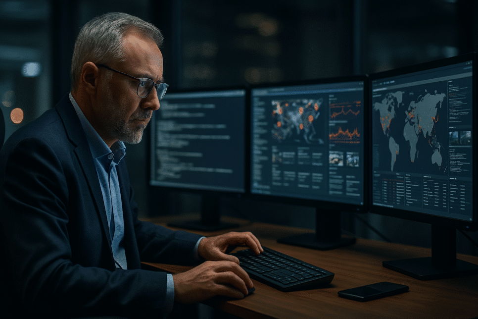 Analista de segurança monitora mapas de ciberataques em múltiplos monitores.